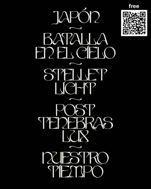 Monochrome poster with stacked film titles and QR code
