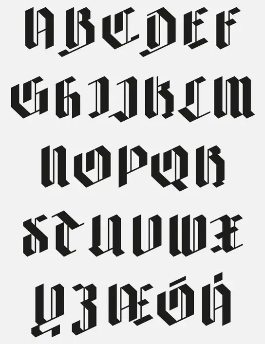 Geometric blackletter alphabet specimen — folded‑ribbon 3D style
