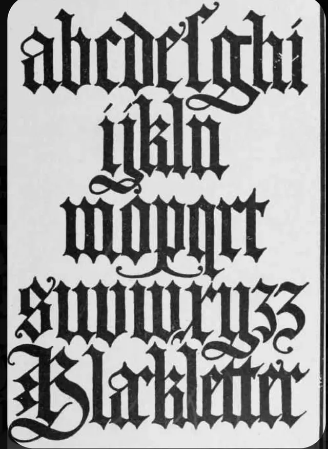 Blackletter lowercase alphabet specimen — ornamental Fraktur calligraphy