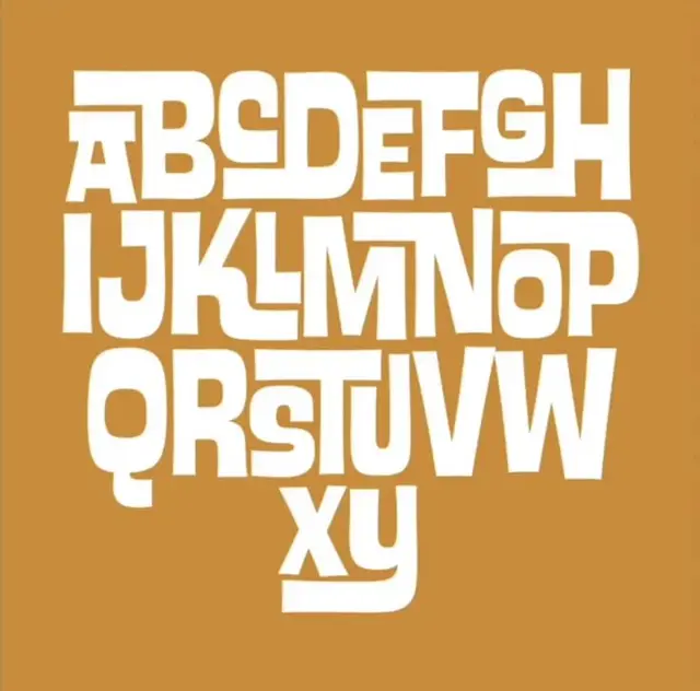 Bold retro geometric alphabet poster (A–Y) on tan background