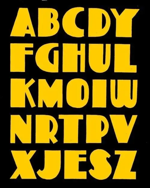 Bold yellow geometric uppercase alphabet poster on black