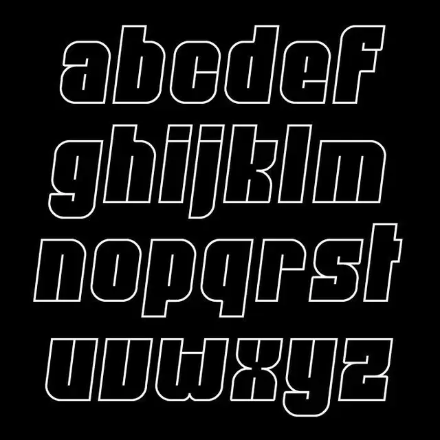 Condensed geometric lowercase alphabet — white outline on black