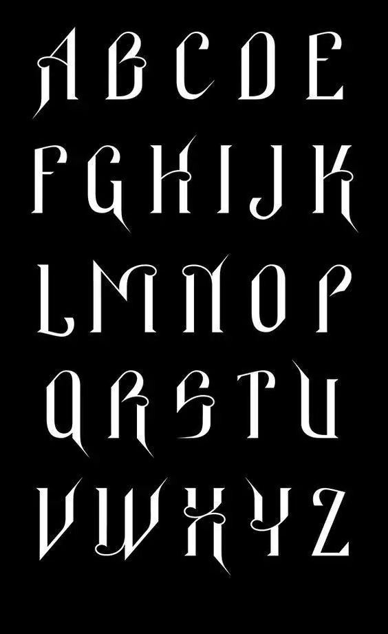 Ornamental blackletter-inspired uppercase display alphabet (white on black)