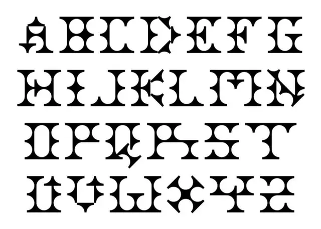 Decorative stencil display uppercase alphabet specimen (black on white)