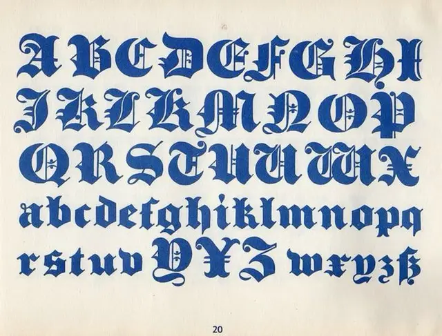 Blue Blackletter (Fraktur) Alphabet Specimen — Printed on Cream Paper (page 20)