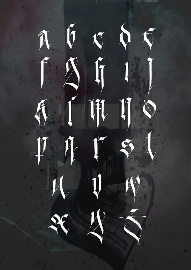 White Blackletter Lowercase Alphabet on Grunge Background