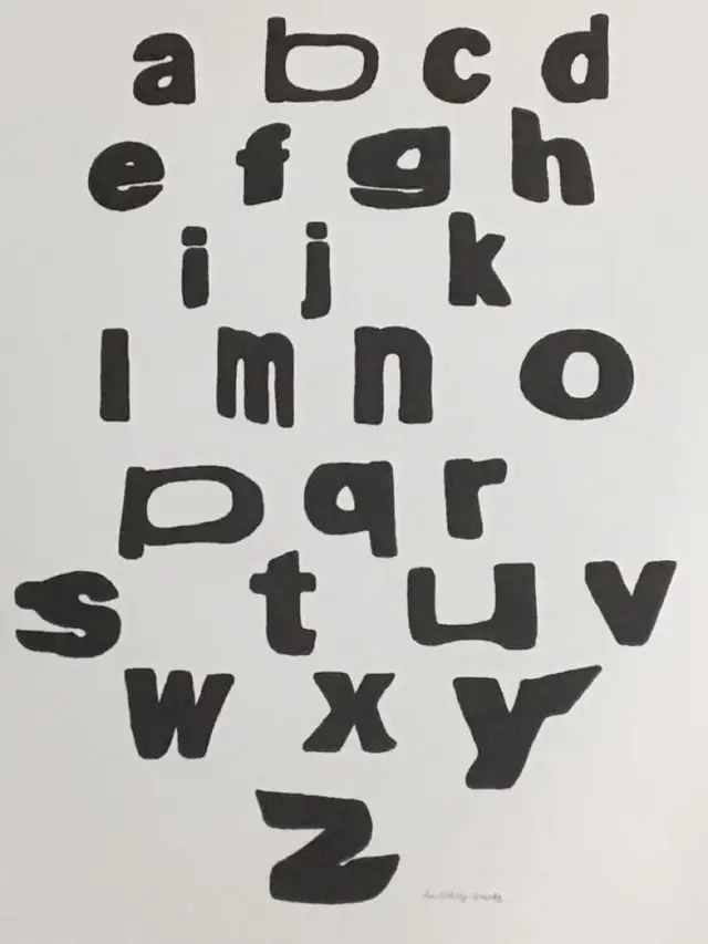 Hand-drawn lowercase alphabet poster — chunky black letterforms on off-white