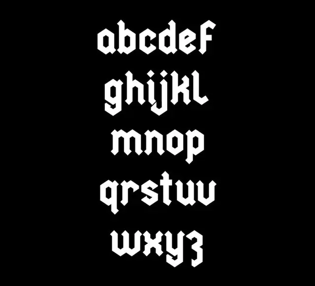 Geometric blackletter lowercase alphabet specimen (white on black)