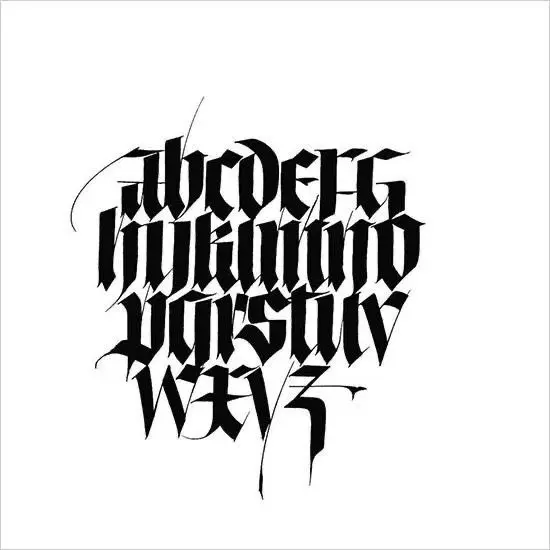 Hand-drawn blackletter lowercase alphabet — monochrome calligraphy study