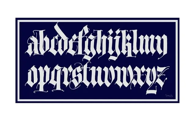 Navy Blackletter Lowercase Alphabet Poster — Fraktur Calligraphy