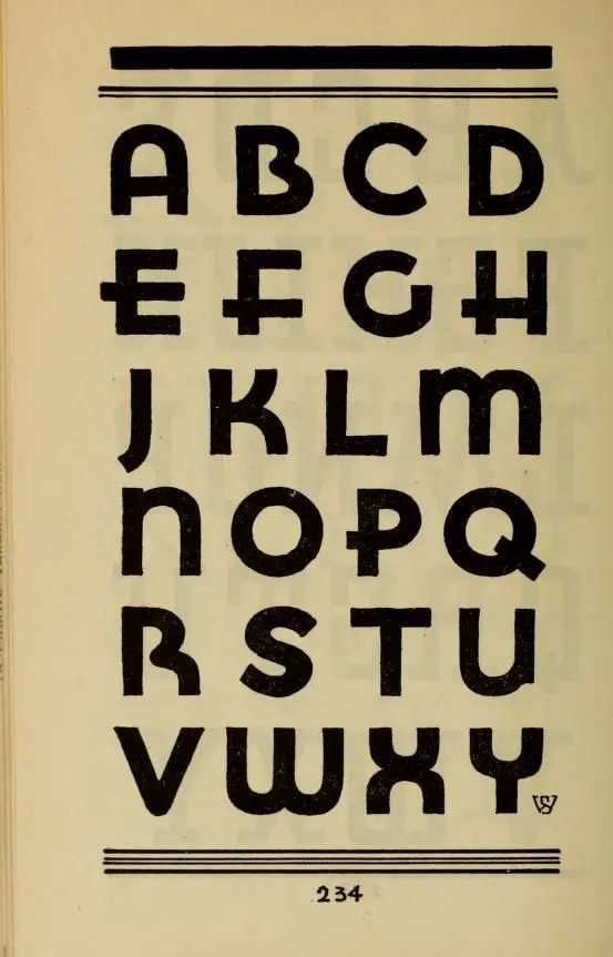 Vintage letterpress uppercase alphabet specimen page — page 234