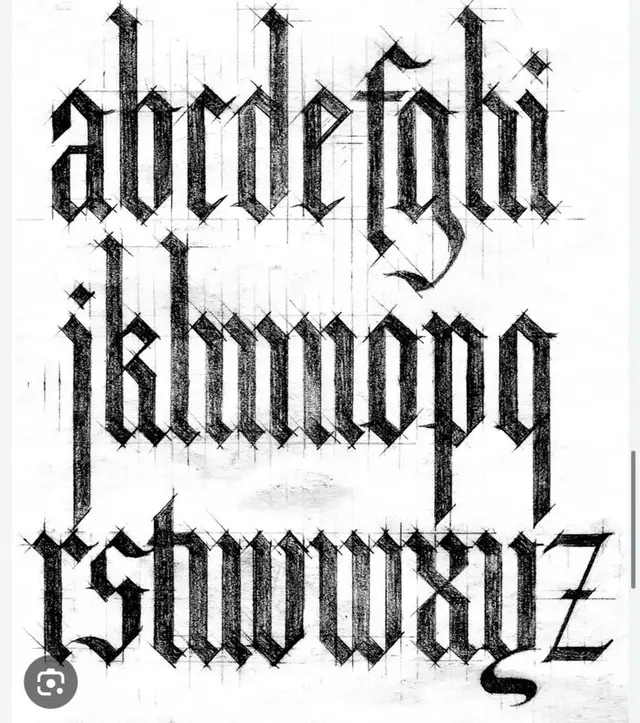 Hand-drawn blackletter (Gothic) lowercase alphabet sketch