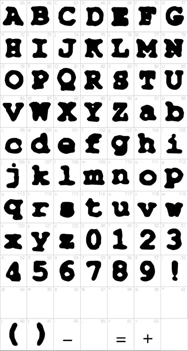 Hand-drawn organic blob typeface specimen (A–Z, a–z, 0–9)