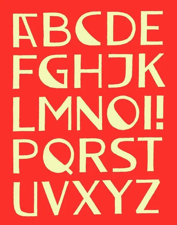 Hand-drawn uppercase alphabet poster — cream letters on red background