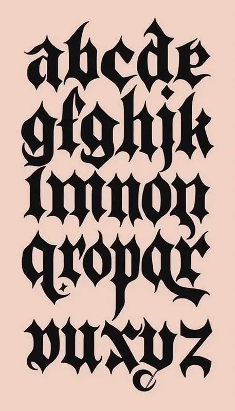 Blackletter lowercase alphabet poster on pale pink