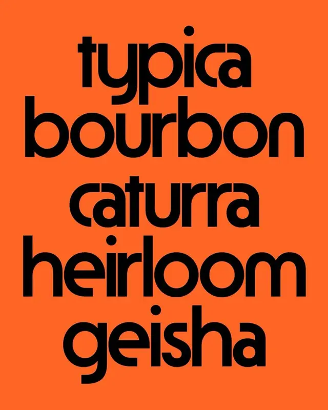 Coffee varietals poster — bold rounded sans on orange