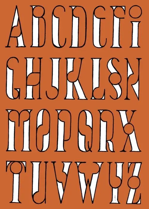 Decorative stencil-style uppercase alphabet poster on terracotta background