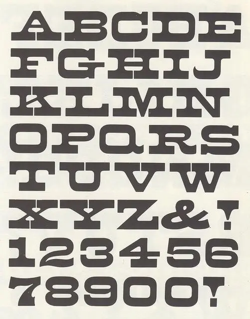 Stencil-style slab serif alphabet and numerals (vintage type specimen)