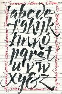 Brush-pen lowercase alphabet on ruled notebook paper