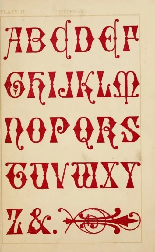 Red ornamental capital alphabet — lettering plate