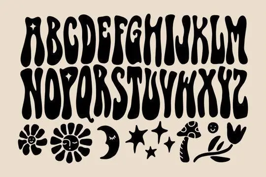 Groovy 1970s-style black blob alphabet with psychedelic icons on beige