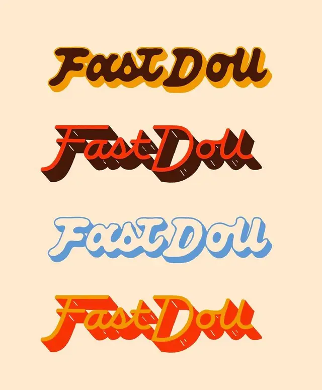 Four Retro 'FastDoll' Script Logo Variations with 3D Shadows