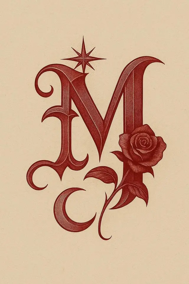 Ornate Engraved Monogram M with Rose — Burgundy on Beige