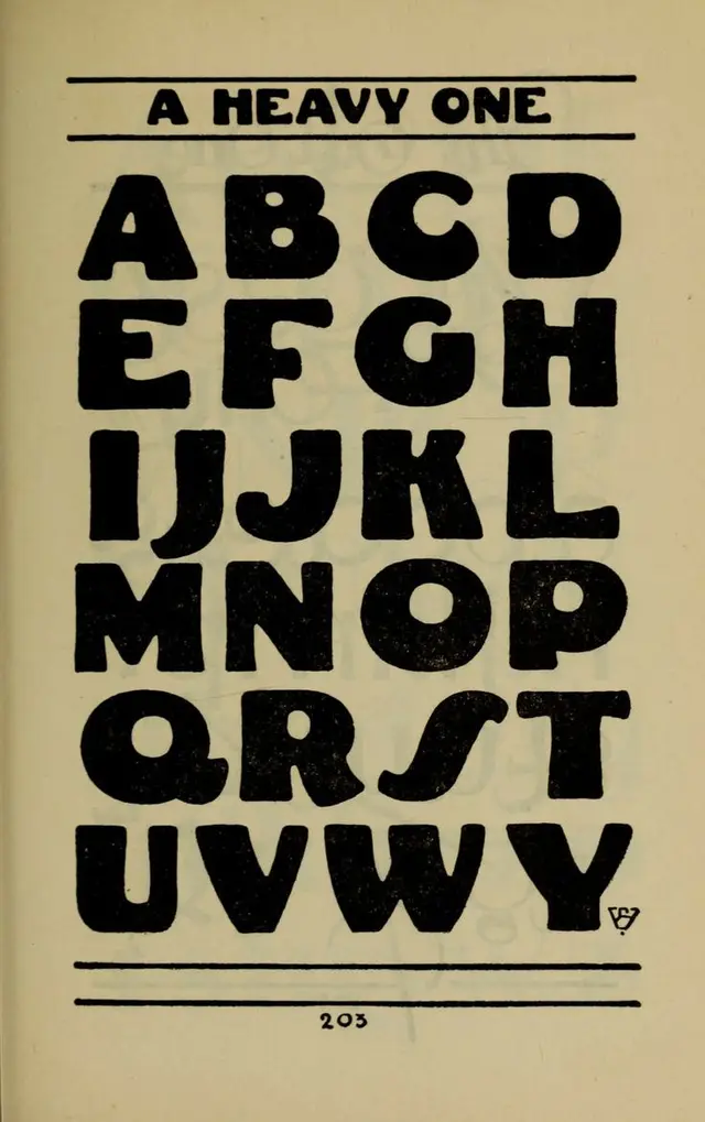 Vintage type specimen: heavy rounded display alphabet (page 203)