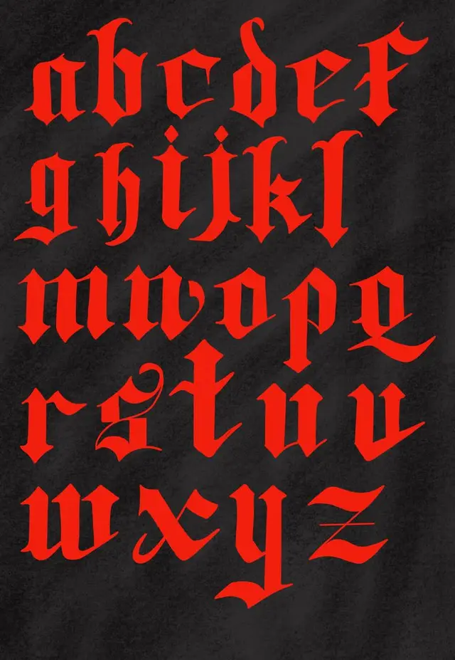 Crimson Blackletter Lowercase Alphabet Specimen on Textured Black