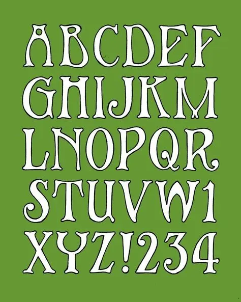 Hand-lettered decorative serif uppercase alphabet poster — white on green