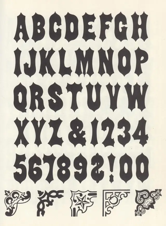 Ornamental display alphabet specimen — blackletter-style uppercase and numerals