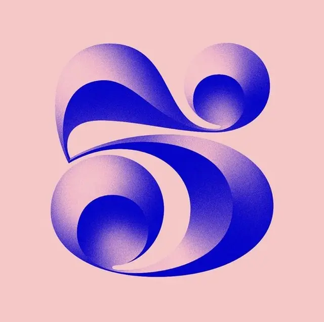 Abstract ribbon numeral 5 in blue on pale pink