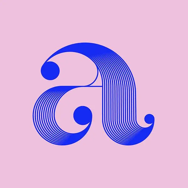 Blue striped ornamental lowercase “a” on pastel pink background