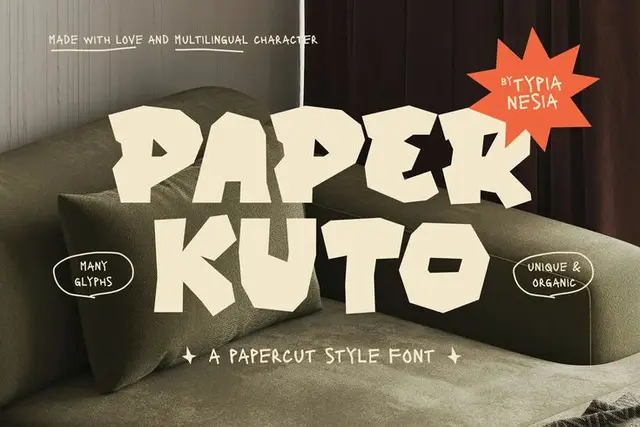 Paper Kuto — papercut-style font specimen on sofa mockup