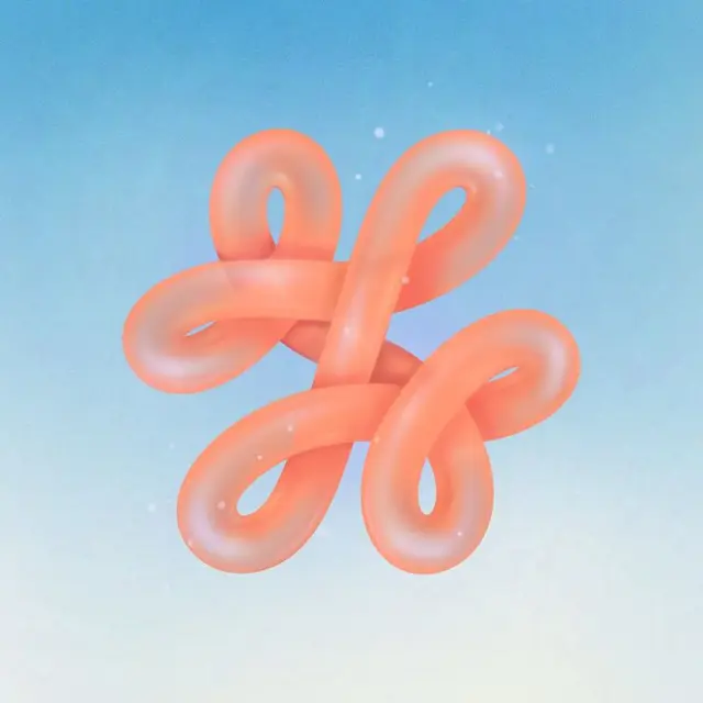 Glossy coral tubular knot 3D render on sky-blue gradient