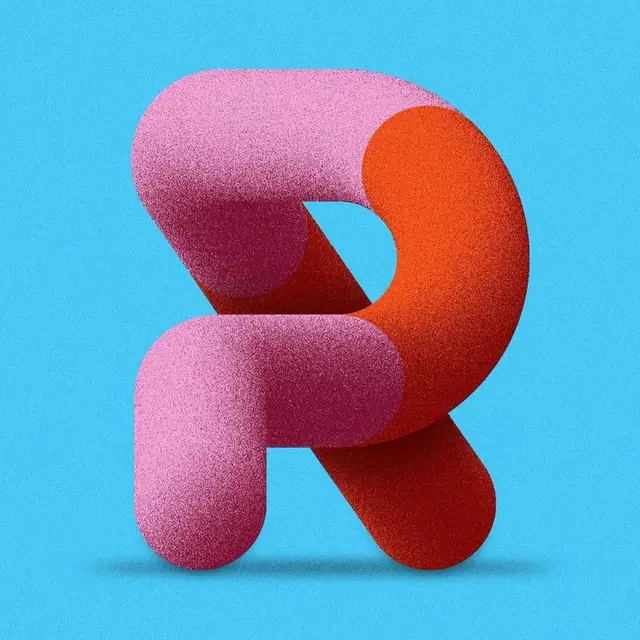 Grainy 3D Tubular Letter R — Pink & Orange on Cyan