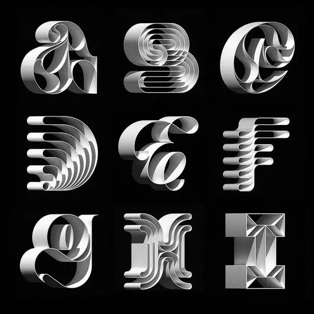 Monochrome 3D ribbon alphabet (A–I)