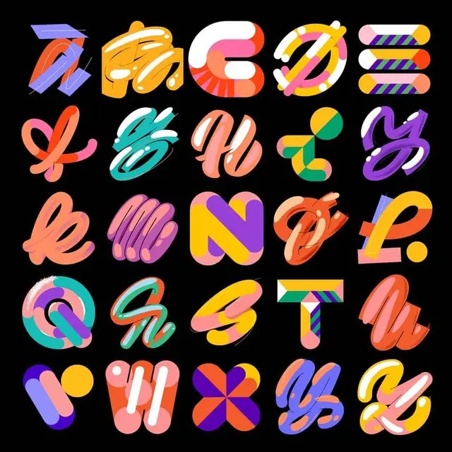 Colorful 30-piece experimental alphabet glyph set on black