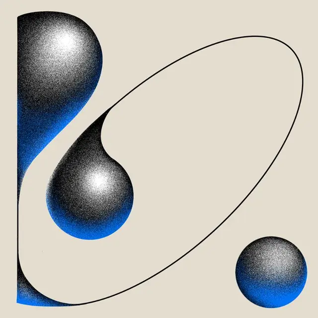 Minimal beige composition with stippled black-to-blue spheres