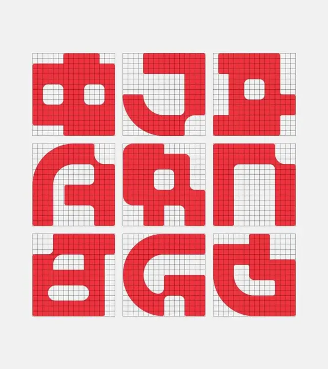 3x3 modular red glyph grid on graph paper