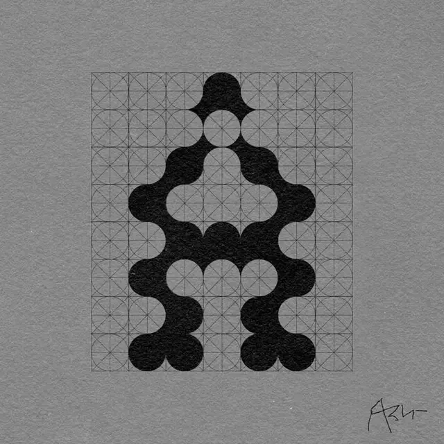 Grid-based biomorphic logo study on textured gray paper