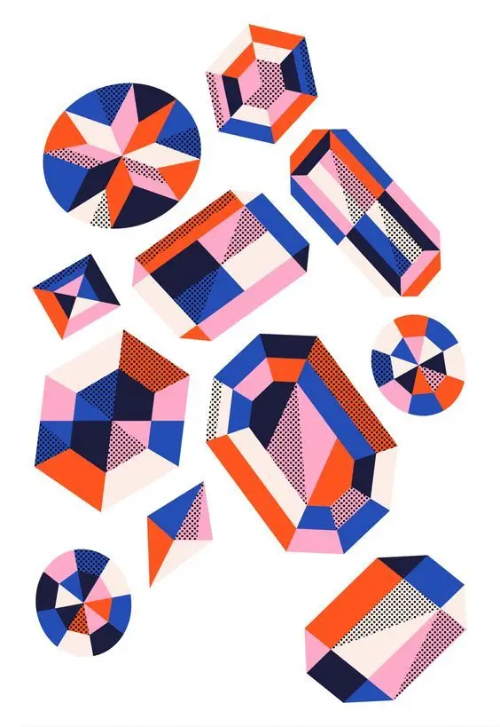 Stylized Faceted Gemstones Illustration — Pink, Coral & Navy