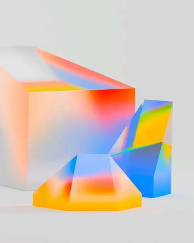 Iridescent 3D geometric study — cube, prism, truncated pyramid
