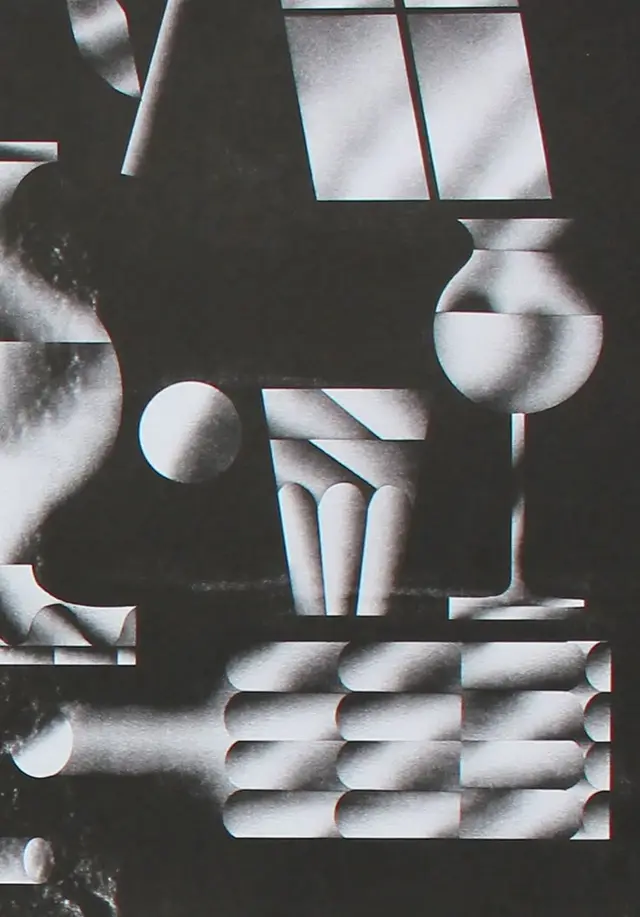Monochrome Geometric Still Life — Wine Glass, Bottle and Spheres