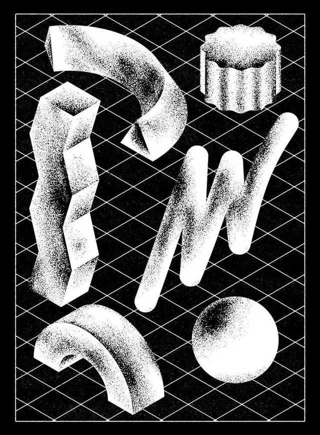 Monochrome stippled abstract shapes on isometric diamond grid