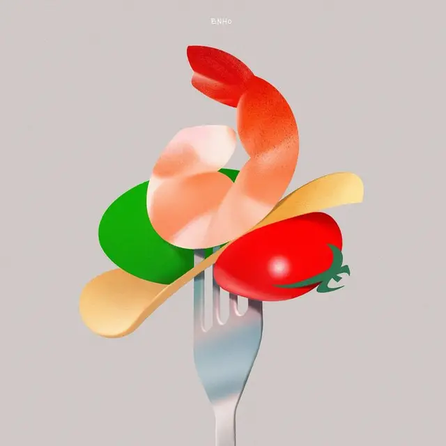 Stylized shrimp and cherry tomato on fork — glossy digital food illustration