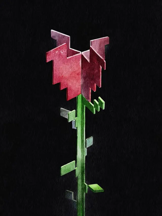 Voxel-style red rose with green block stem — watercolor digital painting