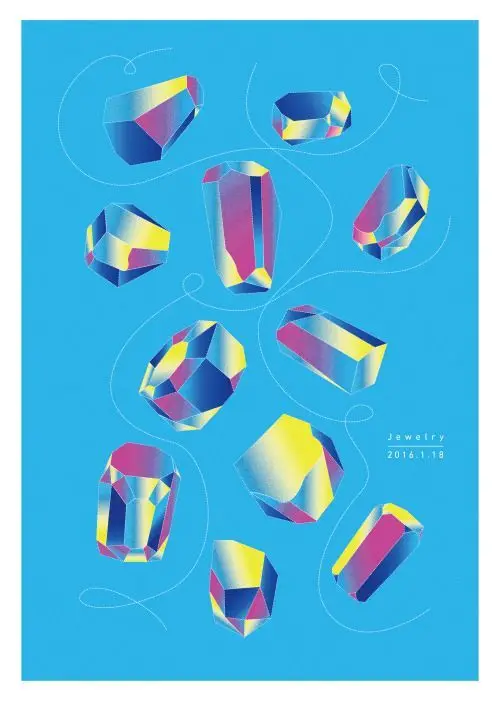 CMYK Prism Faceted Gemstones Illustration on Cyan Poster
