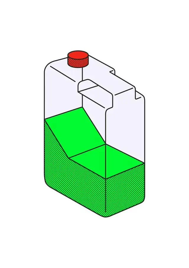 Isometric plastic jerrycan illustration with neon green liquid and red cap
