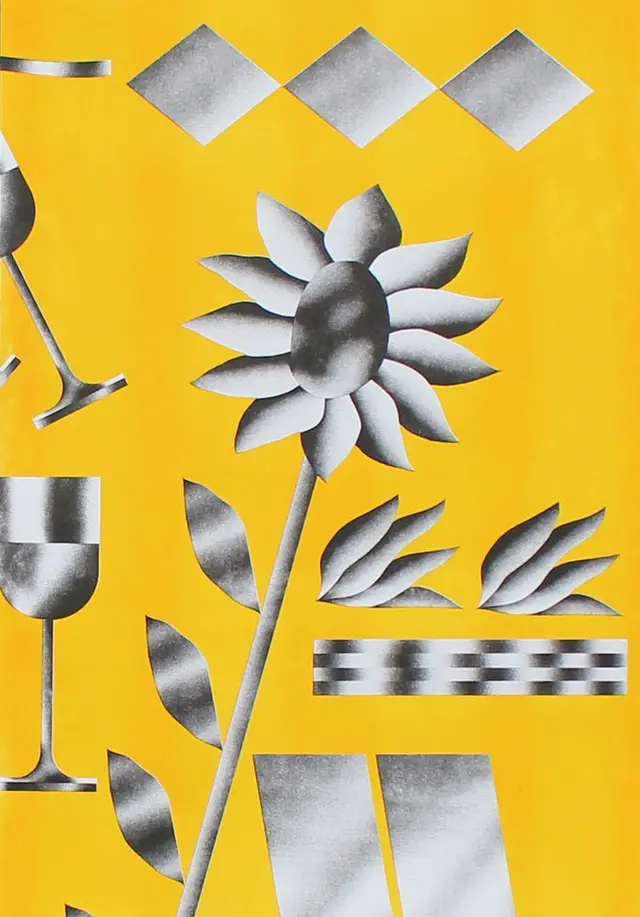 Yellow poster with metallic silver sunflower, wine glasses and geometric motifs